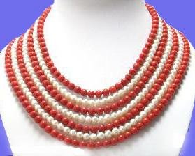 7 strand white pearl and red coral necklace