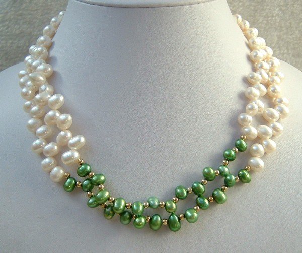 2 strand Real white and green freshwater pearl necklace