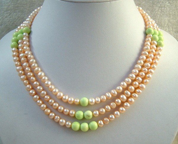 3 strand Real pink freshwater pearl & turquoise necklace