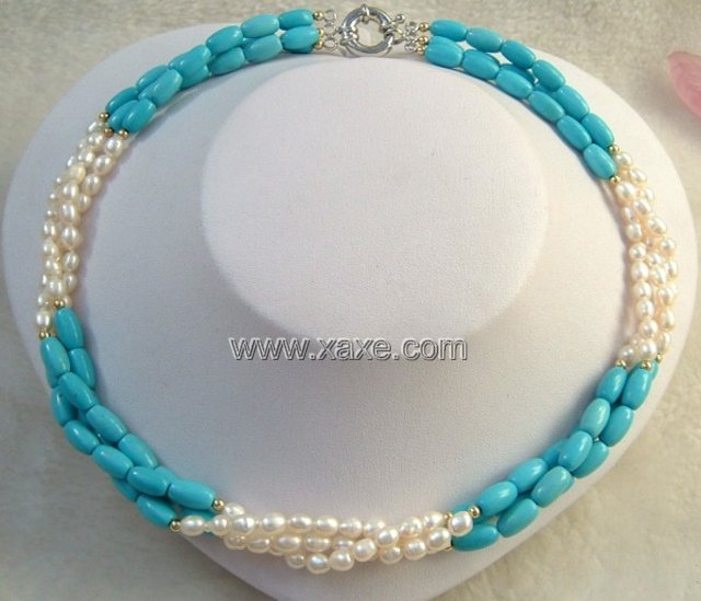 3 strand Real white freshwater pearl & turquoise necklace