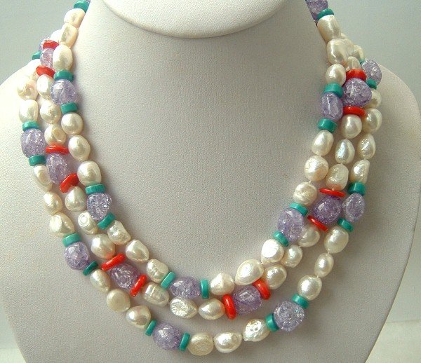 Elegant 3 strand FW pearl and crystal bead necklace