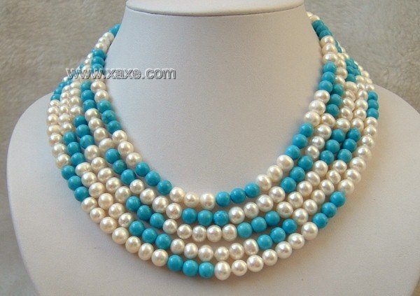 5 strand white freshwater pearls and turquoise necklace