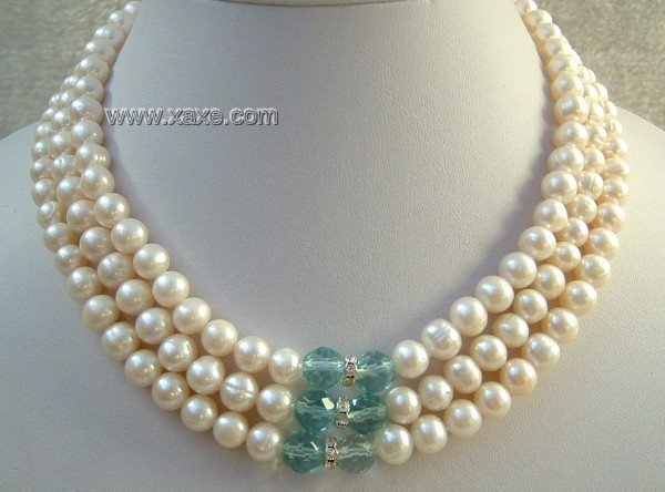 3 strands white freshwater pearl and crystal necklace