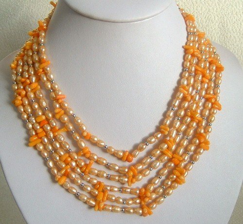 6 strand pink pearl and coral necklace
