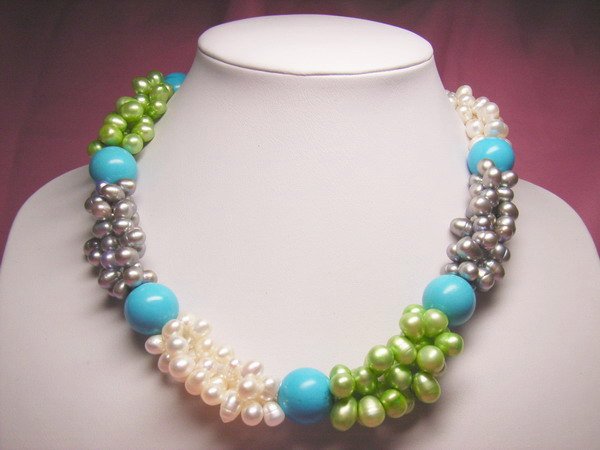 18'' Freshwater Pearl & Turquoise bead Necklace