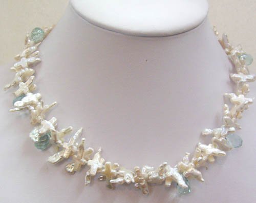 16.5'' white cruciate pearl & blue crystal necklace
