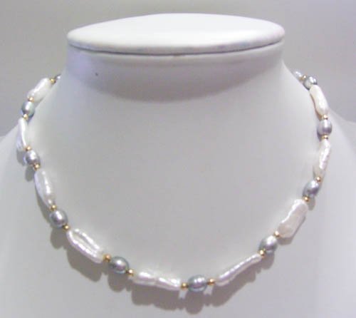 17'' white biwa pearl and gray rice pearl necklace