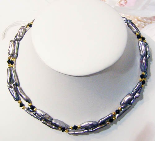 2 strand black biwa freshwater pearl necklace