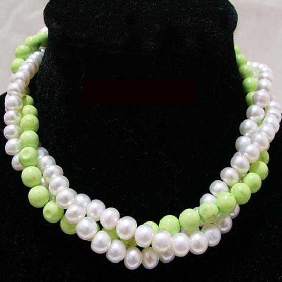 3 row White pearl & Turquoise bead Necklace