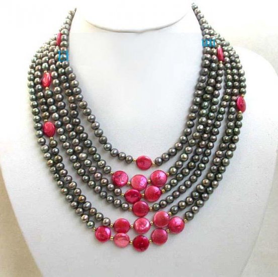 6row black & red freshwater Pearl Necklace