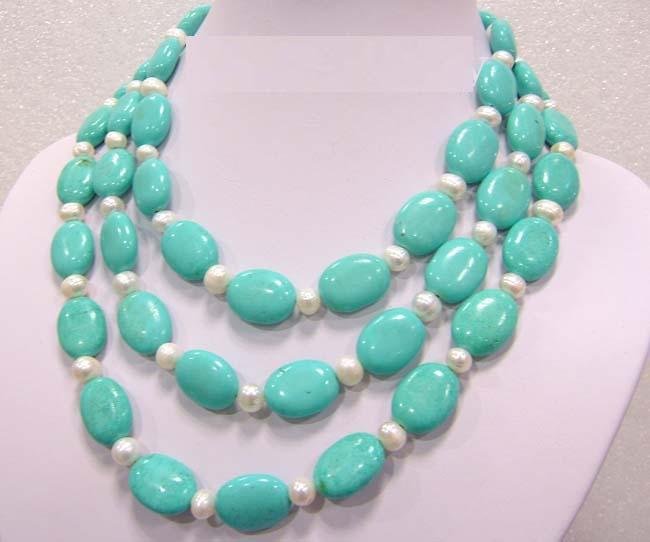3 strand green turquoise and white pearl necklace