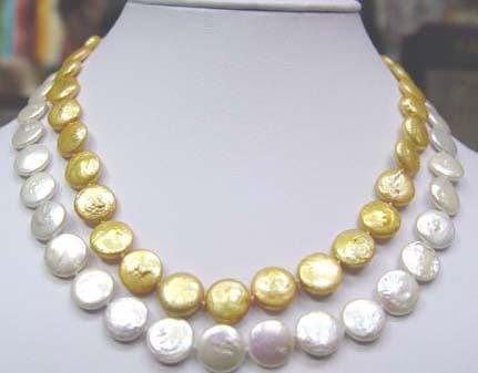 2 rows white and golden coin pearl necklace