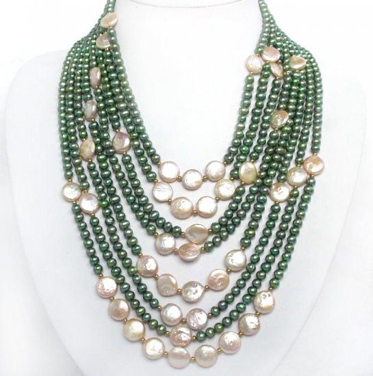 8 strands green pearl & pink coin pearl necklace