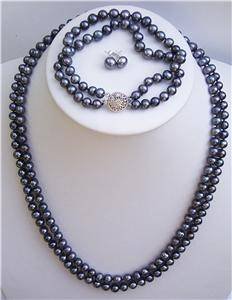 22"" 2 row 7mm Black Pearl Necklace Bracelet Earrings