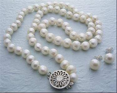 7MM Genuine White Pearl Necklace Earring Set