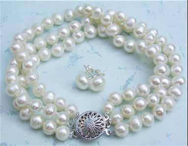 3 row 7mm Genuine White Pearl Bracelet Earring Set