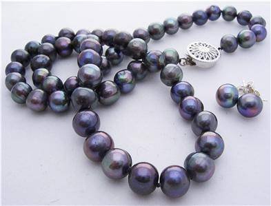 8mm Black Genuine Pearl Necklace Earring Set