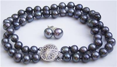 7mm Genuine Black Pearl Bracelet Earring Set