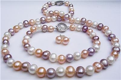 8mm Multicolor Pearl Necklace Bracelet Earring Set