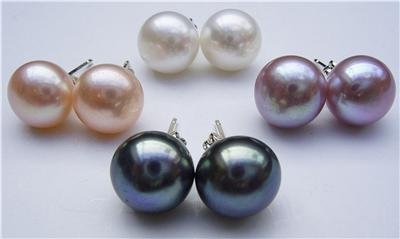 4 Pairs 9.5mm Multicolor Genuine Pearl Earrings