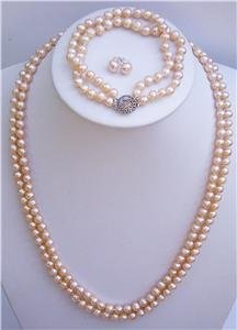 2 Strand Pink Pearl Necklace Bracelet Earring Set