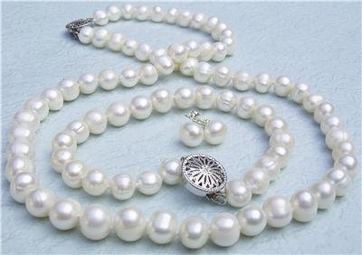 18'' 8mm White Pearl Necklace Bracelet Earring Set