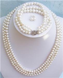 20'' 3row White Pearl Necklace Bracelet Earring Set