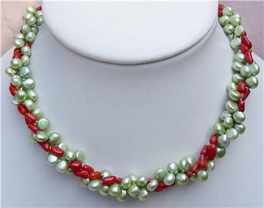 16'' 3 Strands Green Pearl Red Coral Necklace