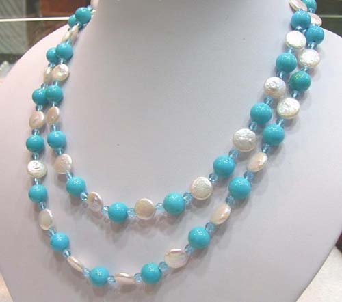 40'' coin freshwater pearl turquoise bead necklace
