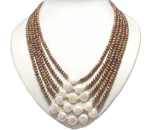 5 strands coffee freshwater pearl coin pearl nacklace