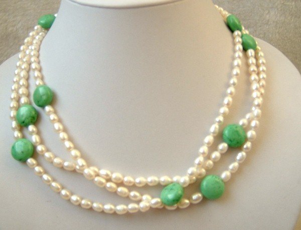 3 strands white freshwater pearl and turquoise necklace