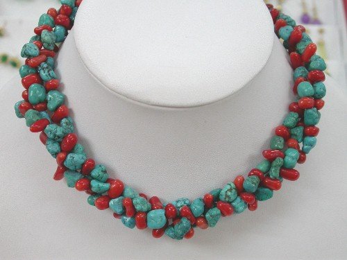 15"" 3 strands turquoise and coral necklace chocker