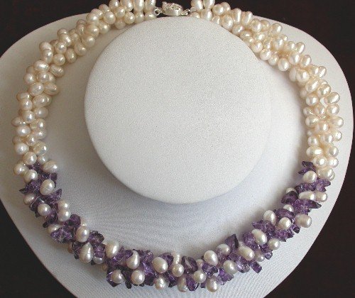 16"" Purple crystal and white pearl necklace