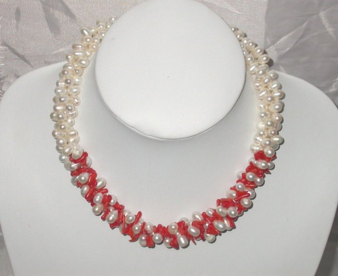 16'' Red coral and white freshwater pearl necklace
