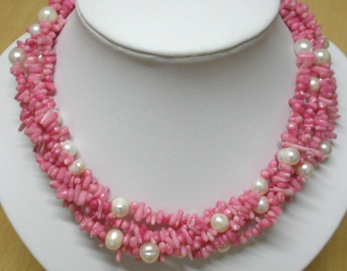 16'' Pink coral and white pearl necklace