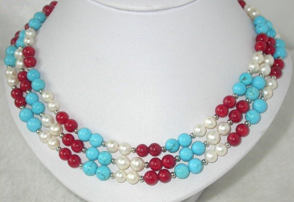 3 row pearl turquoise coral bead necklace