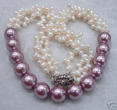3 row white freshwater pearl and seashell pearl necklace