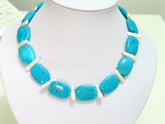 Blue turquoise and biwa pearl necklace