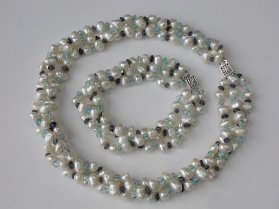 3 row white rice pearl and crystal necklace set