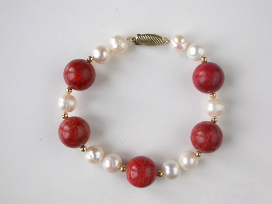 12mm sponge coral and white pearl bracelet