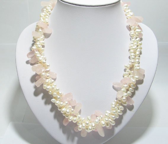 19'' 3 row white freshwater pearl and pink jade necklace