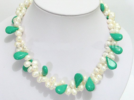 2 row rice pearl and green turquoise necklace