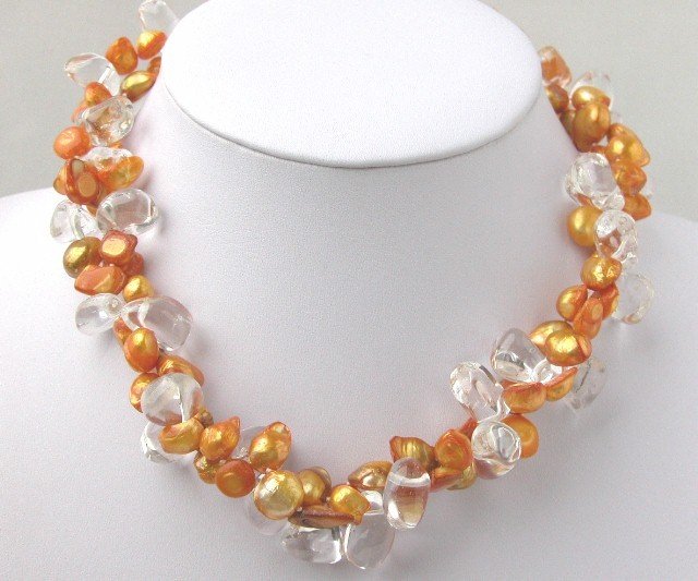 2 Strands Barpque Orange FW Pearl & White Crystal Necklace