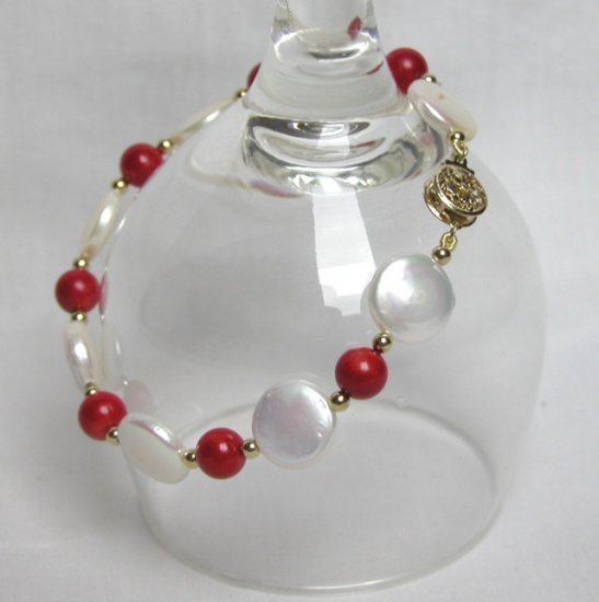 White Coin freshwater pearl and red coral bead bracelet