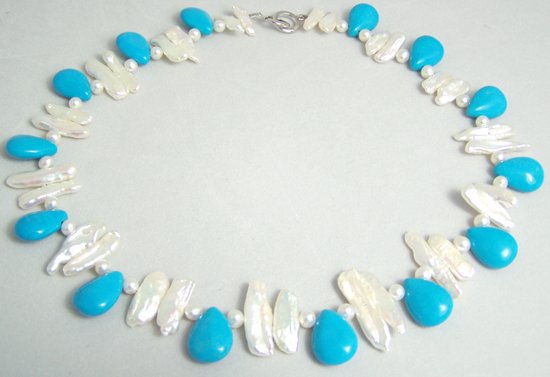 white biwa pearl and turquoise bead necklace