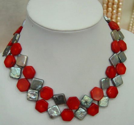 2 row square pearl and coral necklace