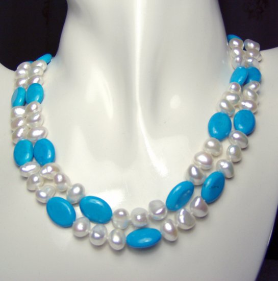 2 strands white pearl & turquoise necklace
