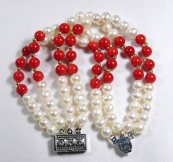 4Rows 6mm Cultured Pearl & Red coral Bracelet