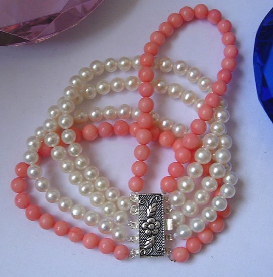 5Rows 6mm Round Cultured Pearl & coral Bracelet