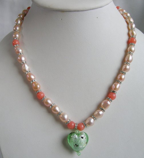 Pink Pearl Necklace 19.5 inch with green glaze heart Pendent